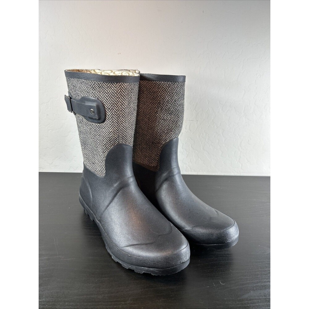 Chooka Rain Boots Women Size 8 Mid-Calf Black Racer Herringbone Pull On